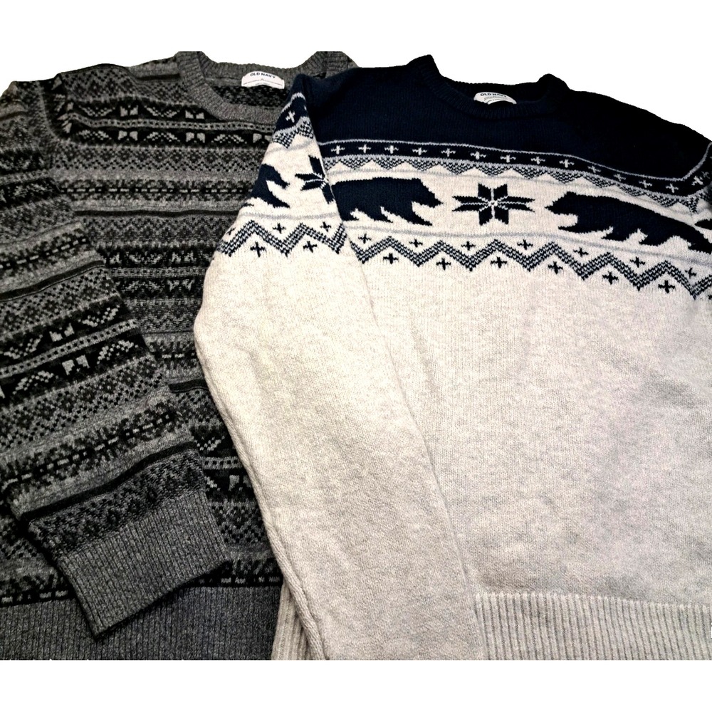 Old Navy Pullover Sweater Lot of 2 Mens XL Bear Pattern Fair Isle Preppy Winter